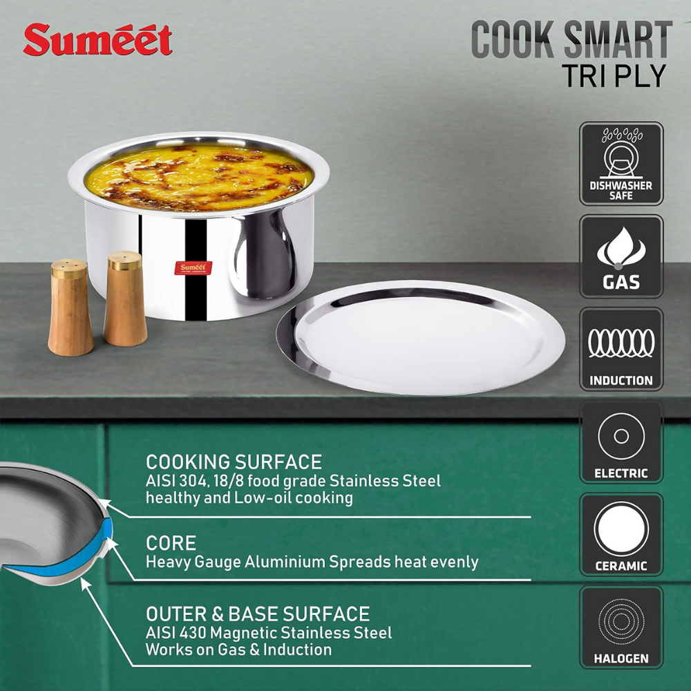 Sumeet Cook Smart Triply Steel-Aluminium-Steel - 3 Layers Tope with Lid - 16 cm | Grocsy
