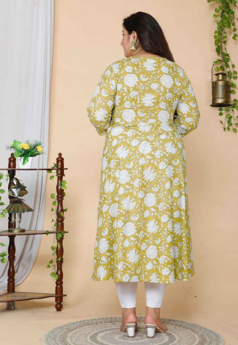 Miravan Women's Yellow Plus Size Floral Anarkali Kurta With Dupatta | Grocsy