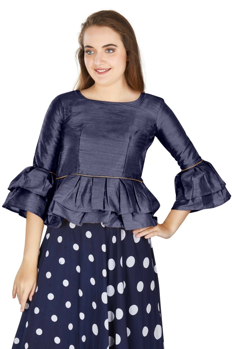 Aastha Fashion Women's Navy Blue Art Silk Bell Sleeves attire with Poly Cotton Lining Blouse | Grocsy
