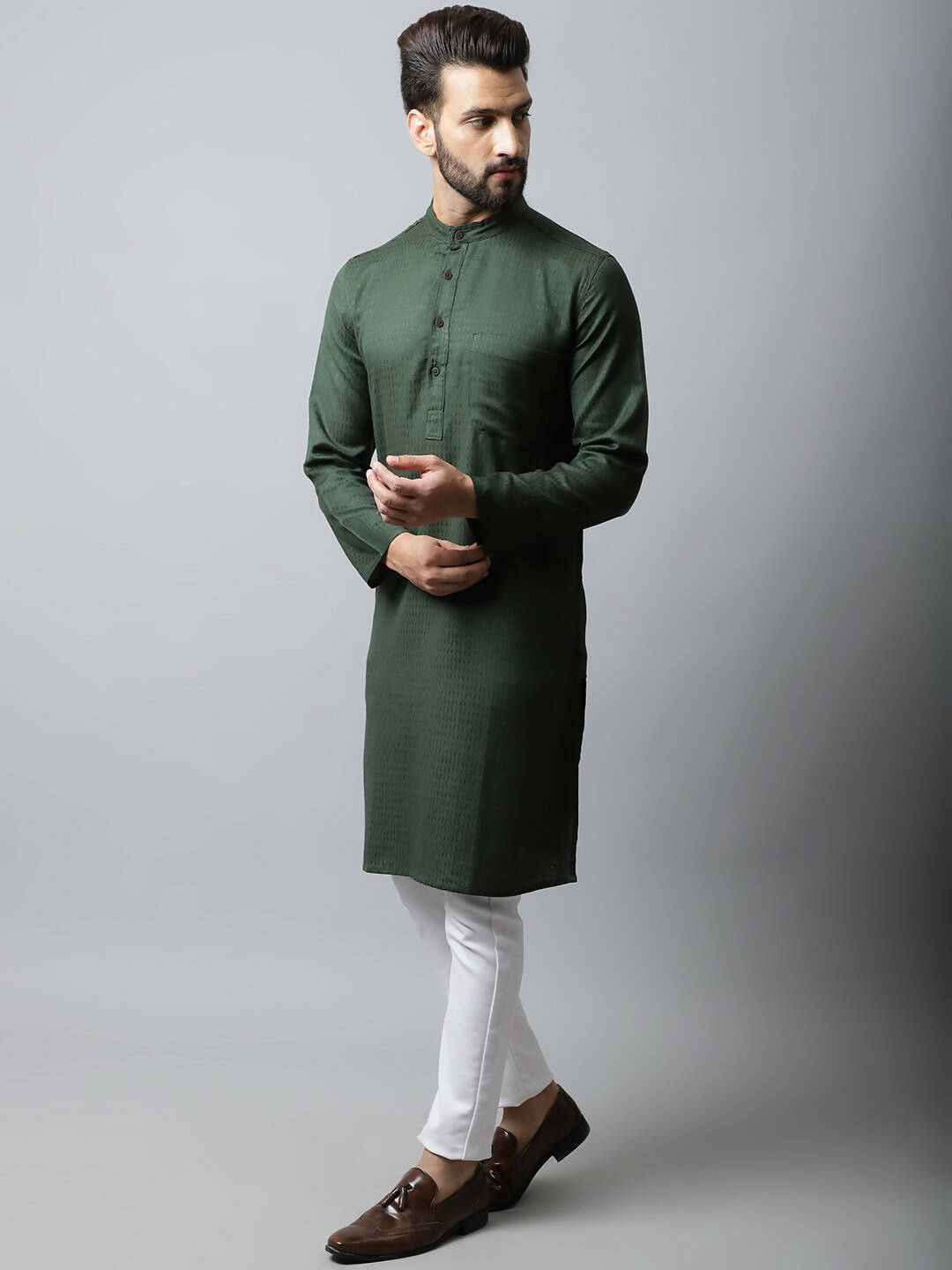 Even Apparels Green Color Viscose Pure Cotton Men's Kurta With Band Collar (SLD1197) | Grocsy