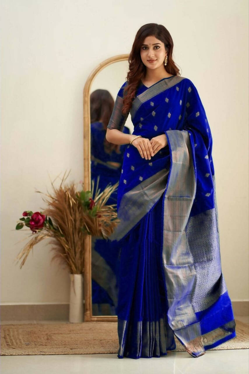 DEIANA'S Beautiful Designer Golden zari Soft Lichi Silk Saree - Royal Blue | Grocsy