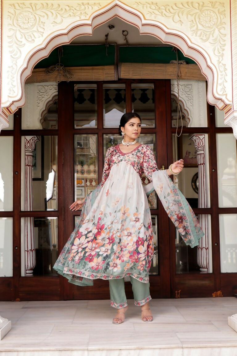 Vaasva Women Maroon Muslin Floral Printed Alia Cut Kurta, Pant & Dupatta set | Grocsy
