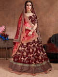Tulsi Art Maroon Embroidered Taffeta Bridal Wear Lehenga Choli | Grocsy