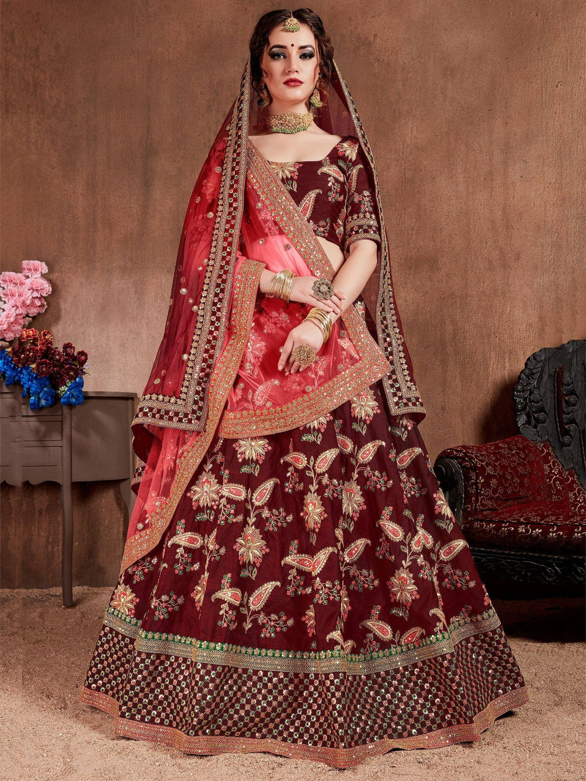 Tulsi Art Maroon Embroidered Taffeta Bridal Wear Lehenga Choli | Grocsy