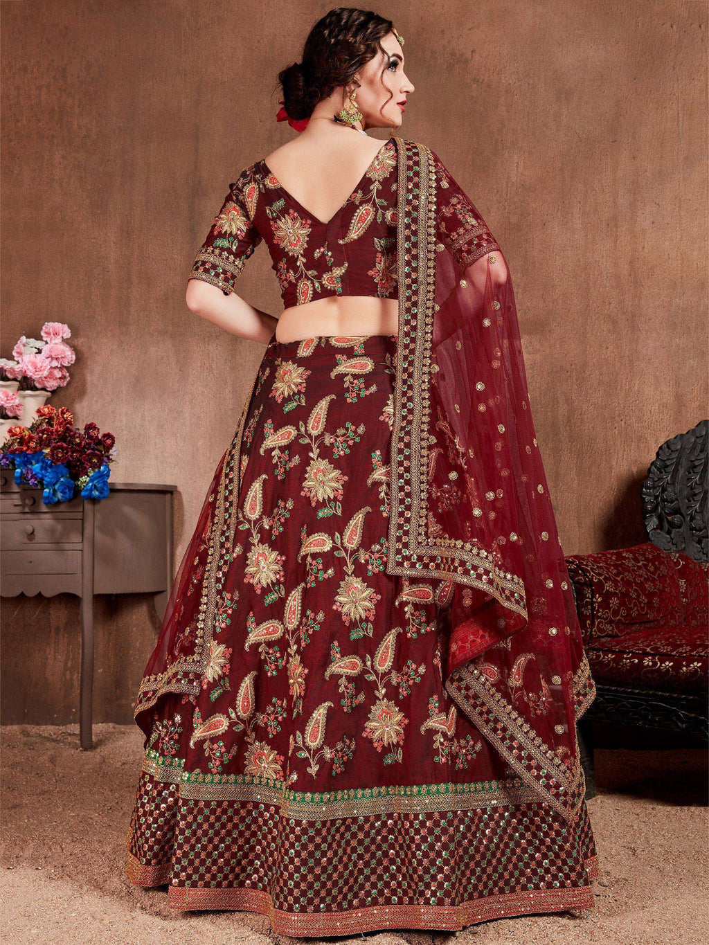 Tulsi Art Maroon Embroidered Taffeta Bridal Wear Lehenga Choli | Grocsy