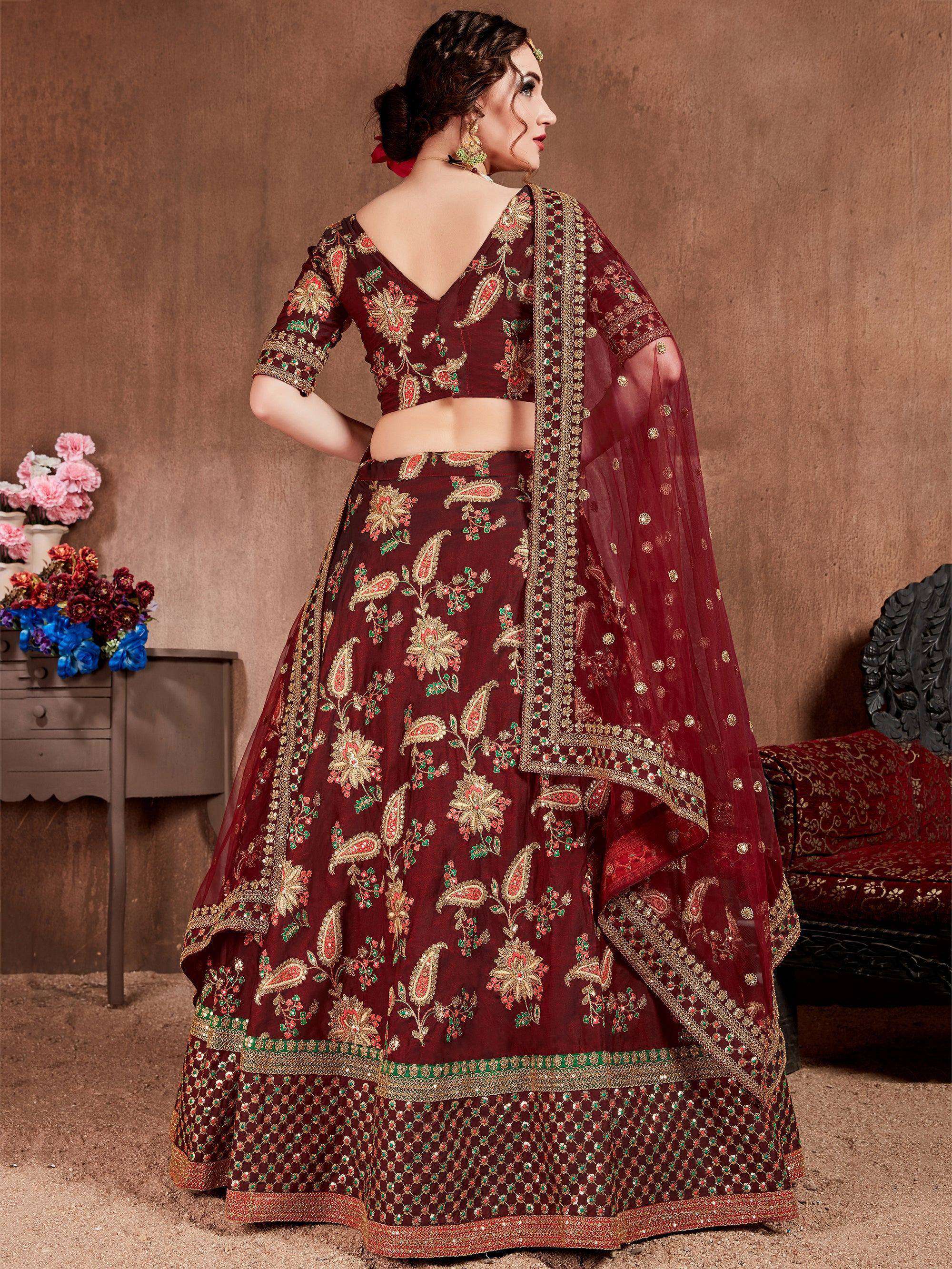 Tulsi Art Maroon Embroidered Taffeta Bridal Wear Lehenga Choli | Grocsy