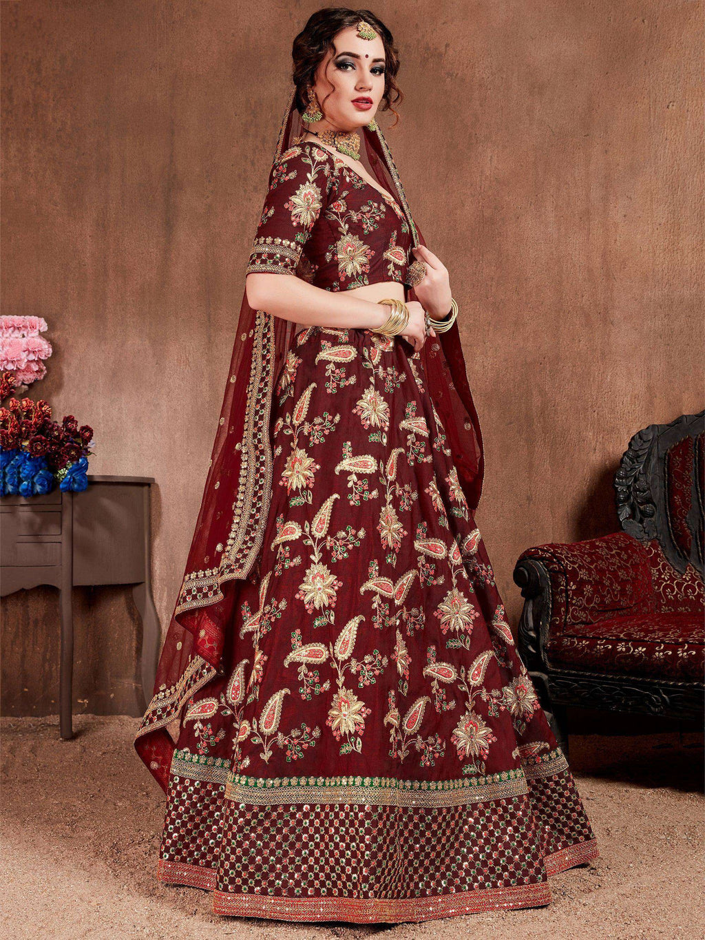 Tulsi Art Maroon Embroidered Taffeta Bridal Wear Lehenga Choli | Grocsy