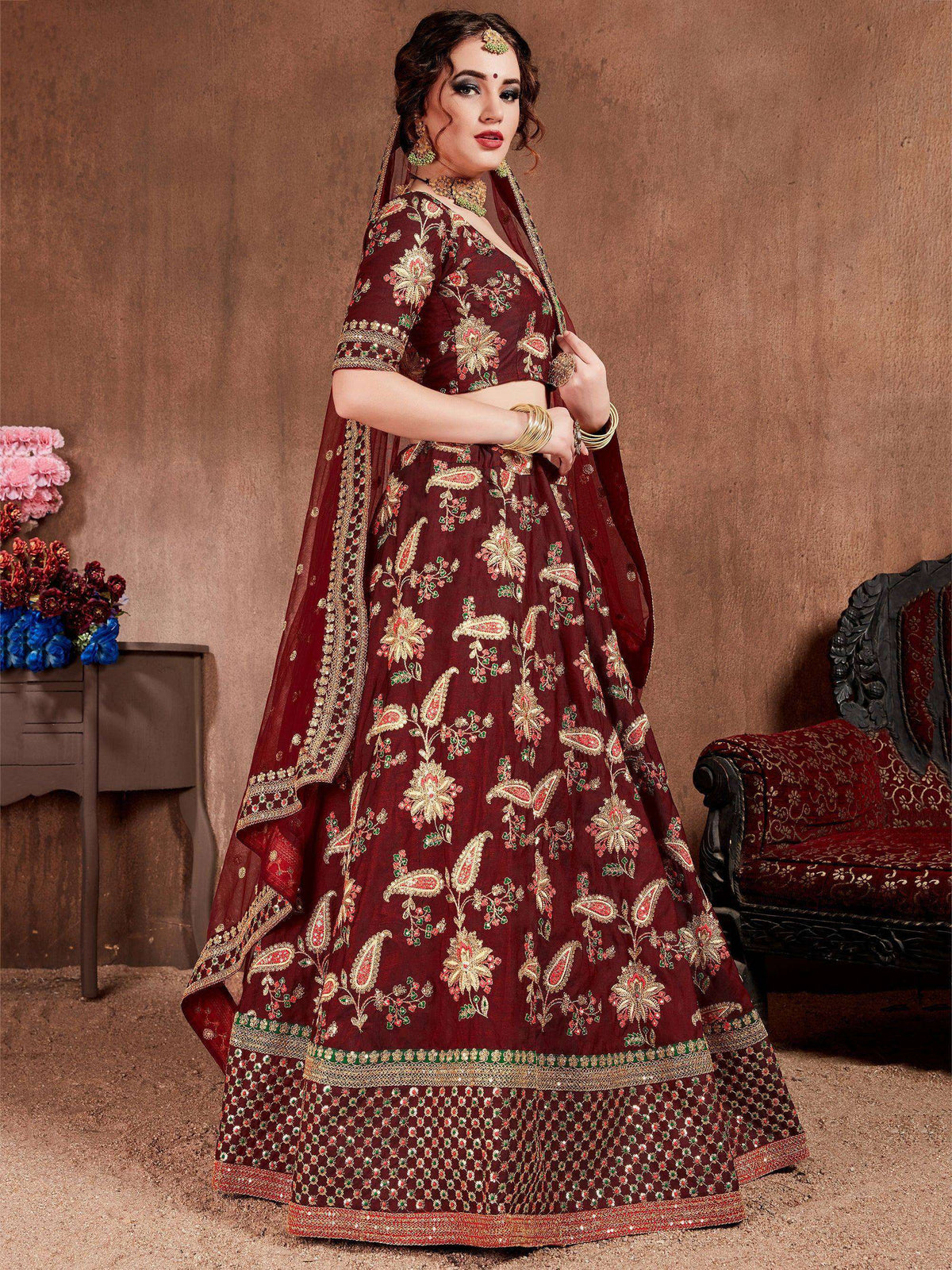 Tulsi Art Maroon Embroidered Taffeta Bridal Wear Lehenga Choli | Grocsy