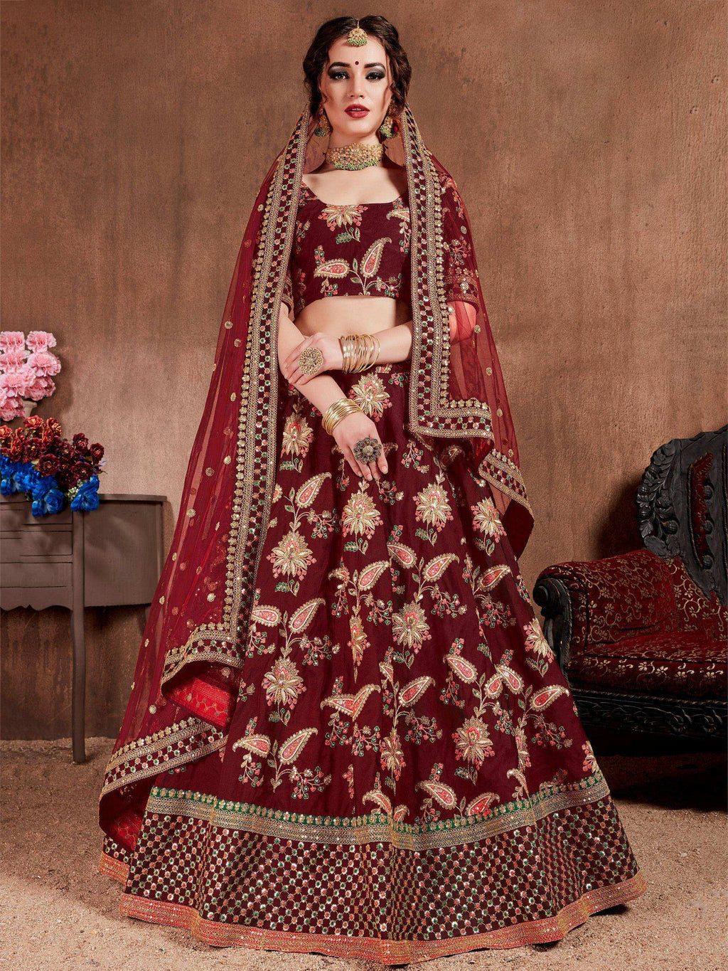 Tulsi Art Maroon Embroidered Taffeta Bridal Wear Lehenga Choli | Grocsy