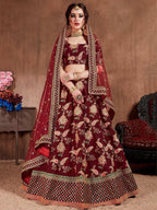 Tulsi Art Maroon Embroidered Taffeta Bridal Wear Lehenga Choli | Grocsy