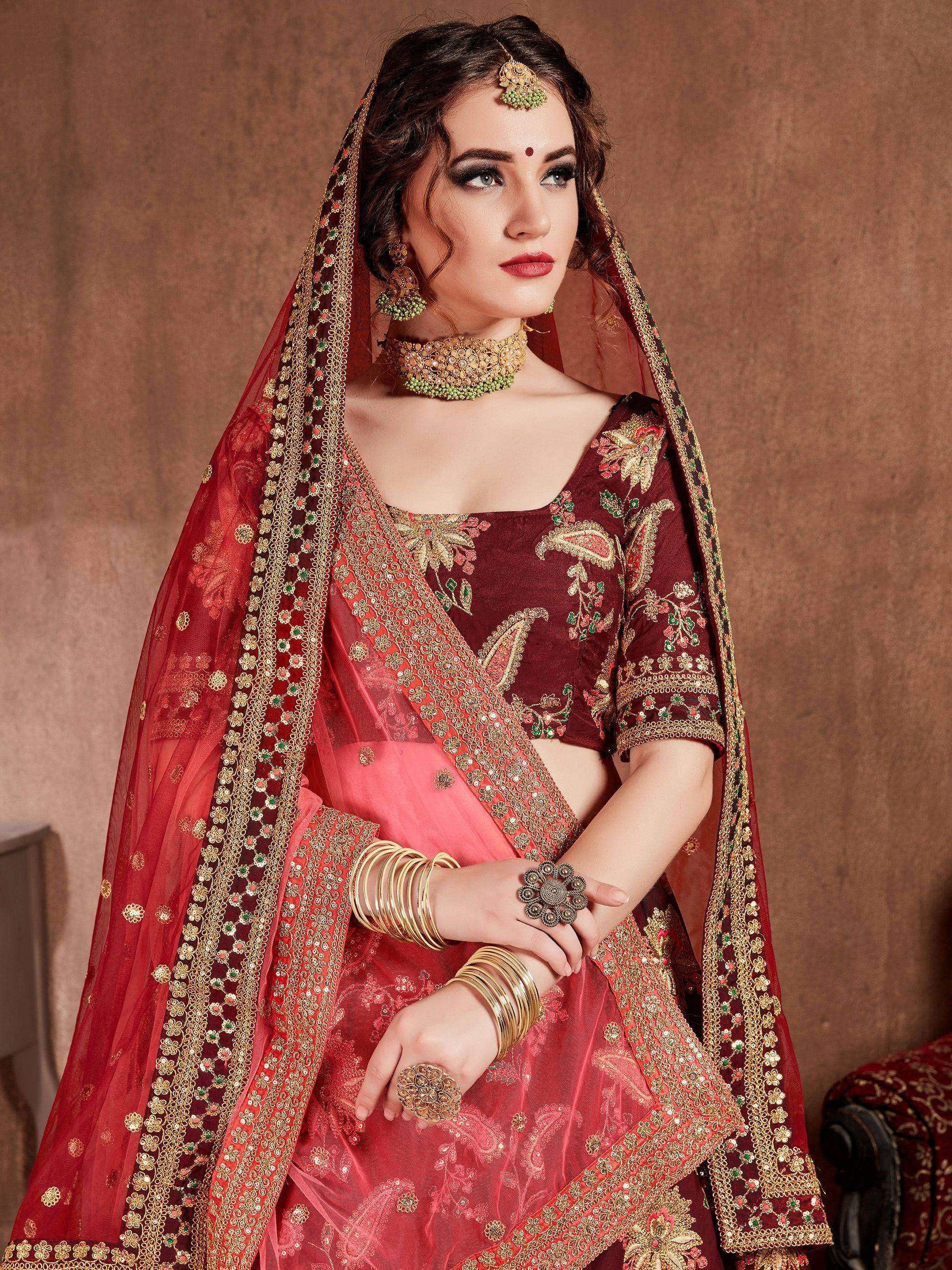 Tulsi Art Maroon Embroidered Taffeta Bridal Wear Lehenga Choli | Grocsy