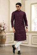 Raivat Ethnic Banarasi Art Silk Thread and Mirror Work Kurta Pajama In Wine Colour | Grocsy