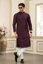 Raivat Ethnic Banarasi Art Silk Thread and Mirror Work Kurta Pajama In Wine Colour | Grocsy