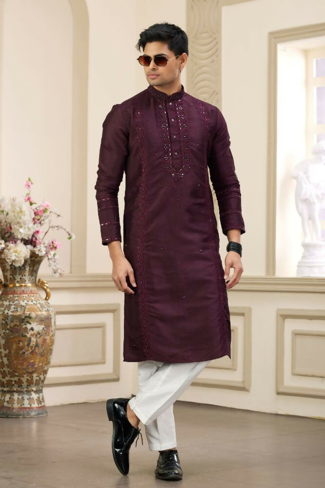 Raivat Ethnic Banarasi Art Silk Thread and Mirror Work Kurta Pajama In Wine Colour | Grocsy