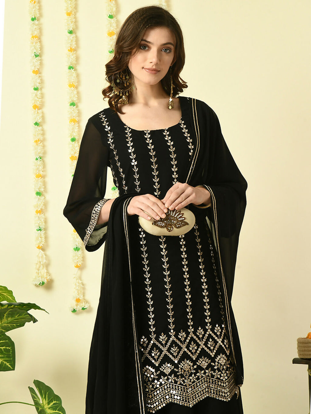 Myshka Women's Black Georgette Kurta & Skirt With Dupatta Party Sets | Grocsy