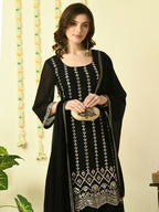 Myshka Women's Black Georgette Kurta & Skirt With Dupatta Party Sets | Grocsy