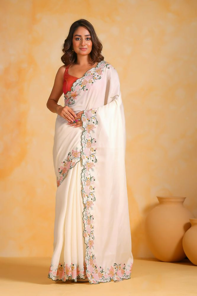 Vamsee Sundha White Tussar Silk Saree | Grocsy