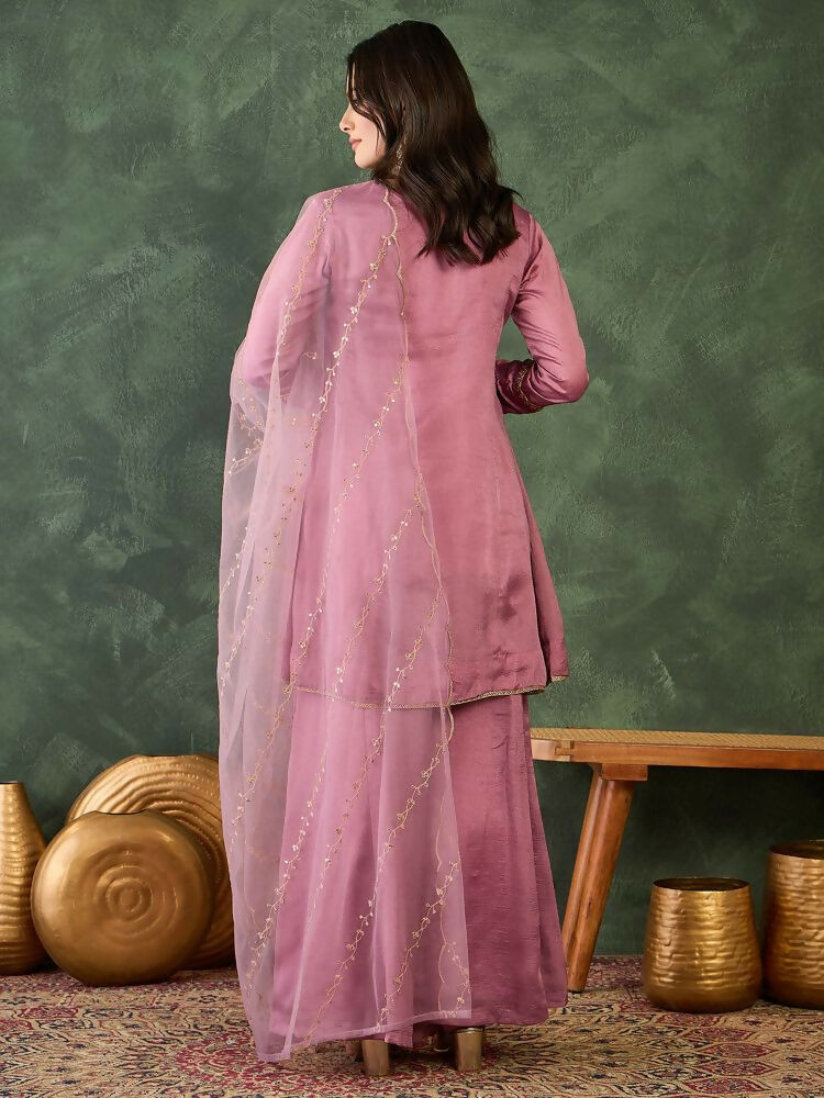The52 Women's Gorgeous Embroidery Work Viscose Silk Fabric A-line Kurta Sharara and Dupatta Set | Grocsy