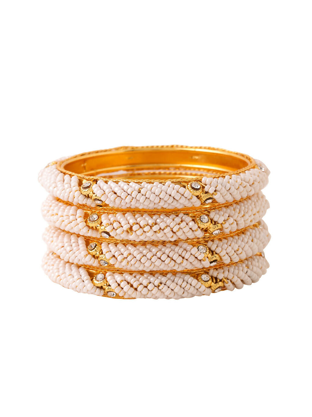 NVR Women Set of 4 Gold-Polished Traditional Pearls Beaded Bangles | Grocsy