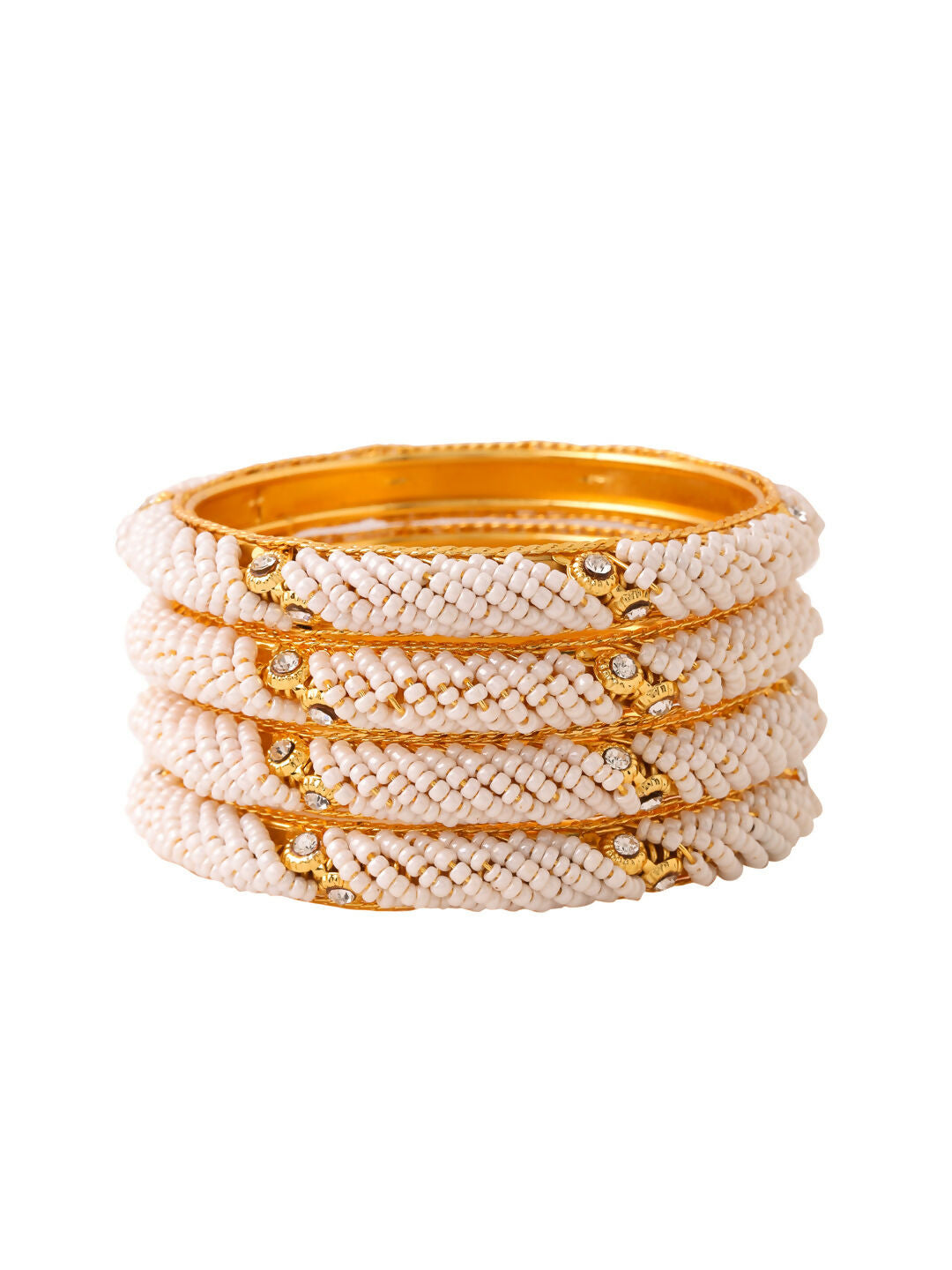NVR Women Set of 4 Gold-Polished Traditional Pearls Beaded Bangles | Grocsy