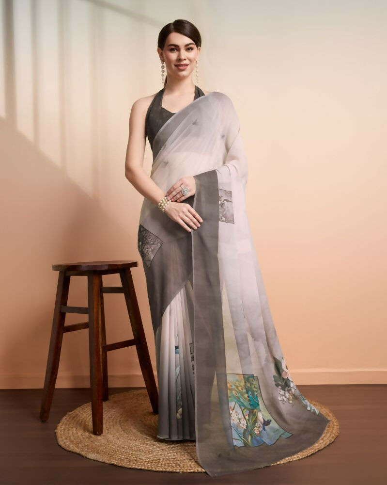 Grey Georgette Designer Printed Party Wear Saree - Cinderella | Grocsy