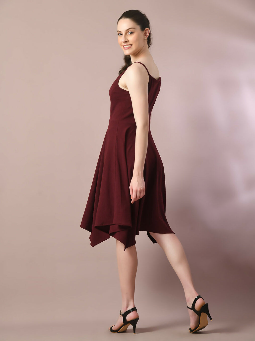 Myshka Women's Maroon Solid Shoulder Straps Fit and Flare Party Dress | Grocsy