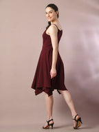 Myshka Women's Maroon Solid Shoulder Straps Fit and Flare Party Dress | Grocsy