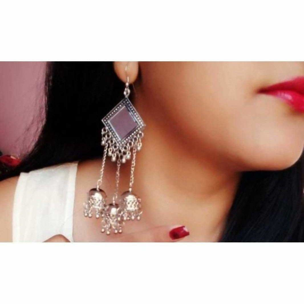 MS Fashion India Kite Mirror Design Silver Hanging Triple Jhumka Earrings | Grocsy
