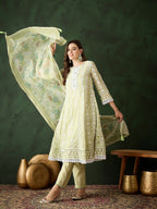 Green Crystal Organza schiffli embroidery Kurta With Trouser & Dupatta - Bhumi | Grocsy