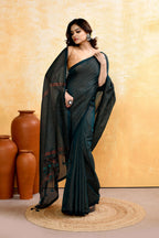 Piyari Fashion Women's Moss Green Embellished Cotton Blend Zari Check Handloom Saree | Grocsy