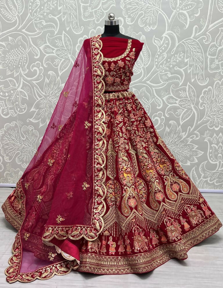 Jyoti Fashion Women's Rani Pink Velvet Multi Thread Embroidered with Zircon Diamond Work Wedding Lehenga Choli | Grocsy