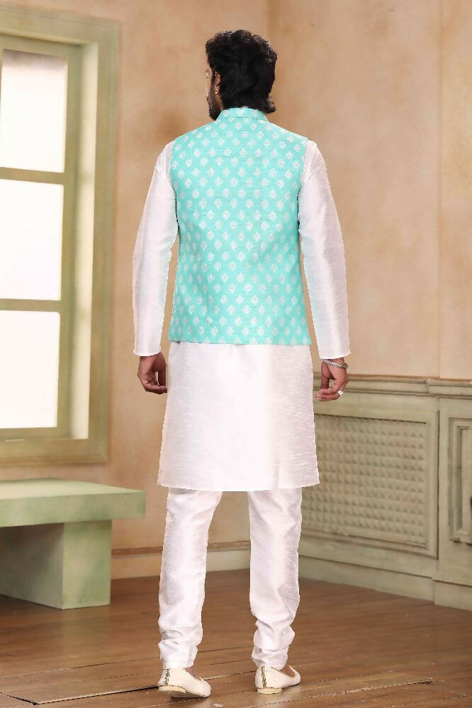 Raivat Ethnic Jacquard Banarasi Silk Woven Work 3 Pics Jacket Set In Sky Blue Colour | Grocsy