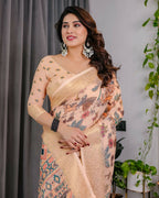PR Fashion Cream Pure Handloom Linen Saree | Grocsy