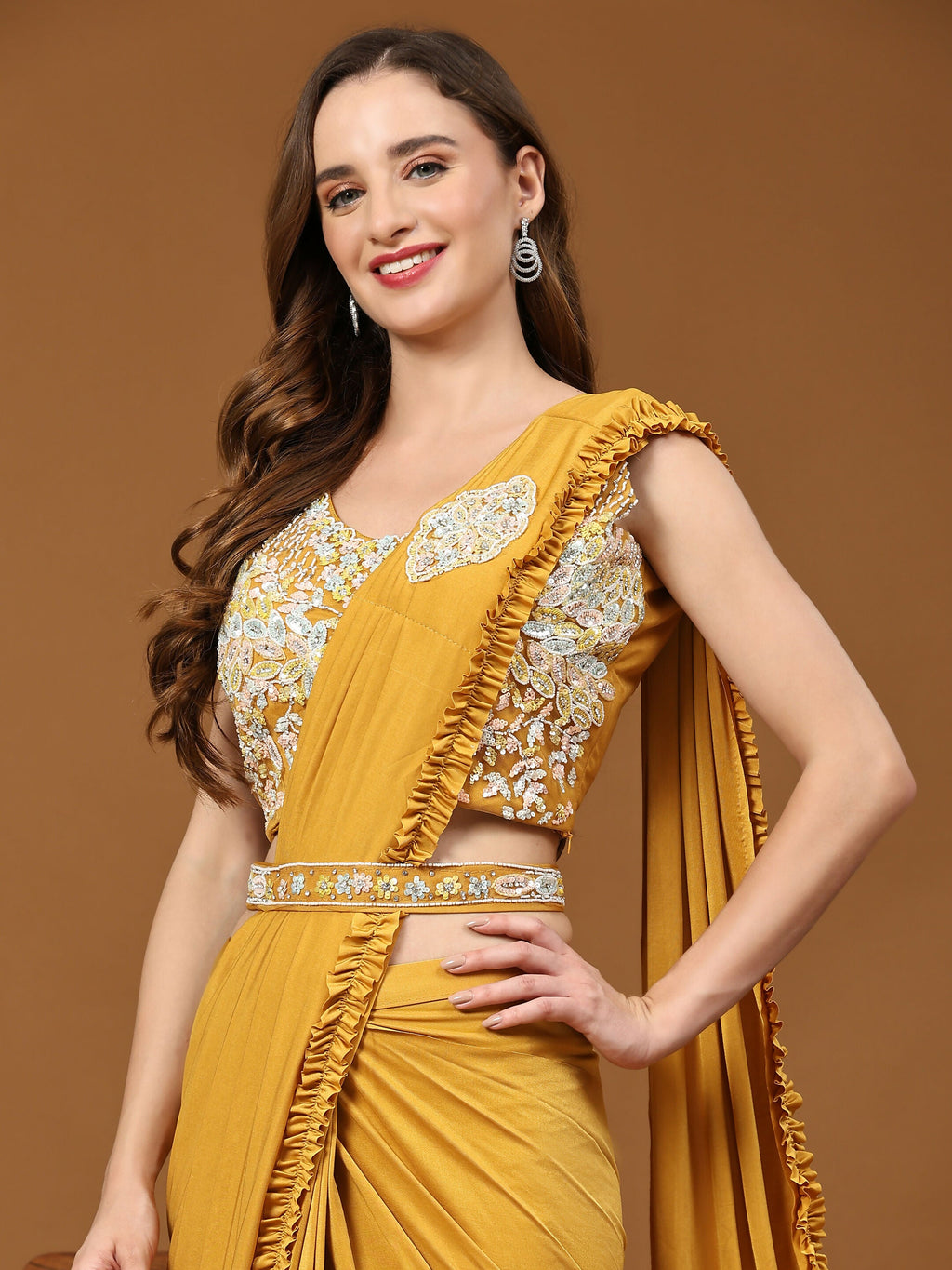 Yellow Lycra Solid Ready to wear Saree with stitched Blouse - Vanita | Grocsy