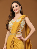 Yellow Lycra Solid Ready to wear Saree with stitched Blouse - Vanita | Grocsy