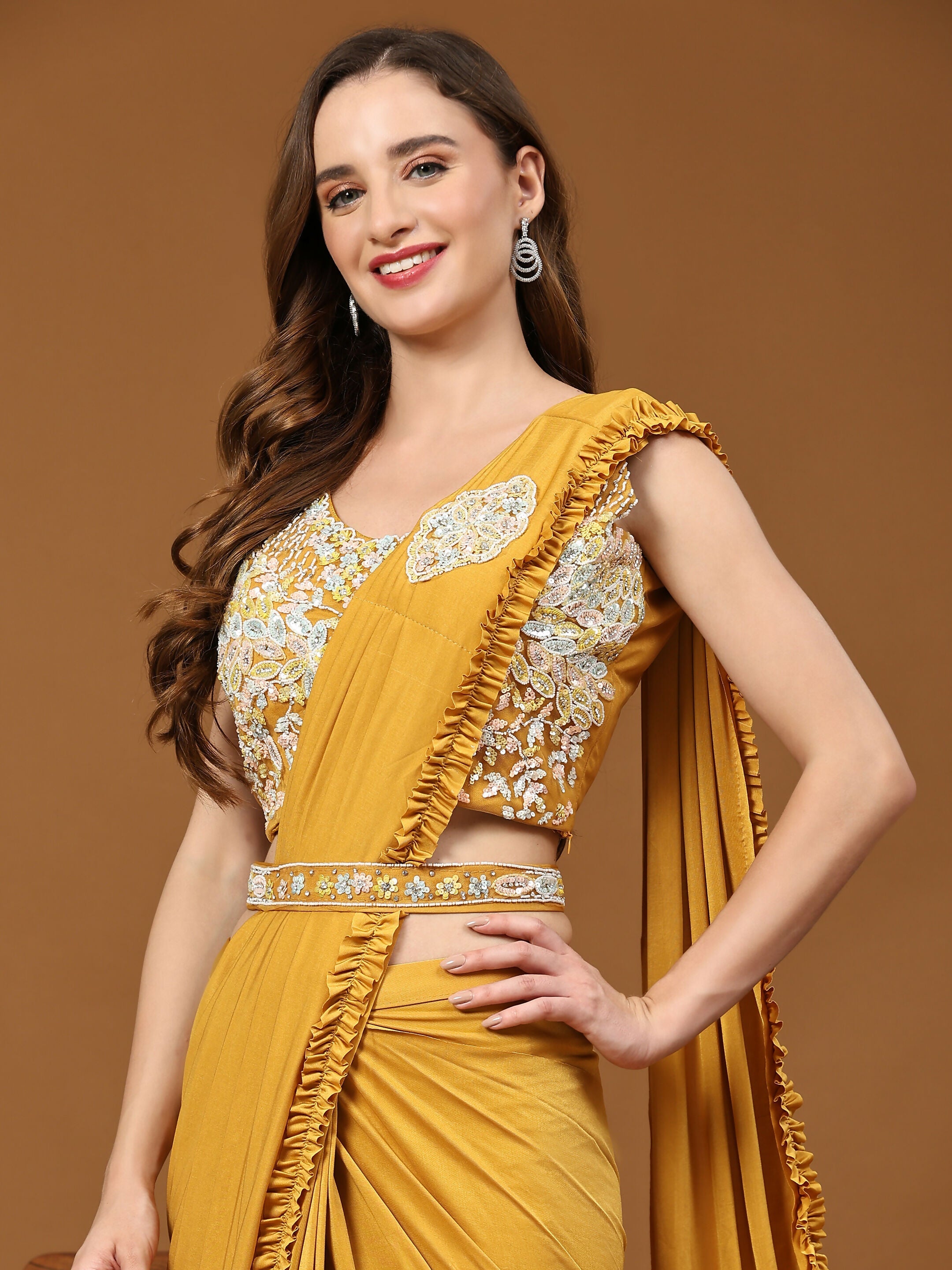 Yellow Lycra Solid Ready to wear Saree with stitched Blouse - Vanita | Grocsy