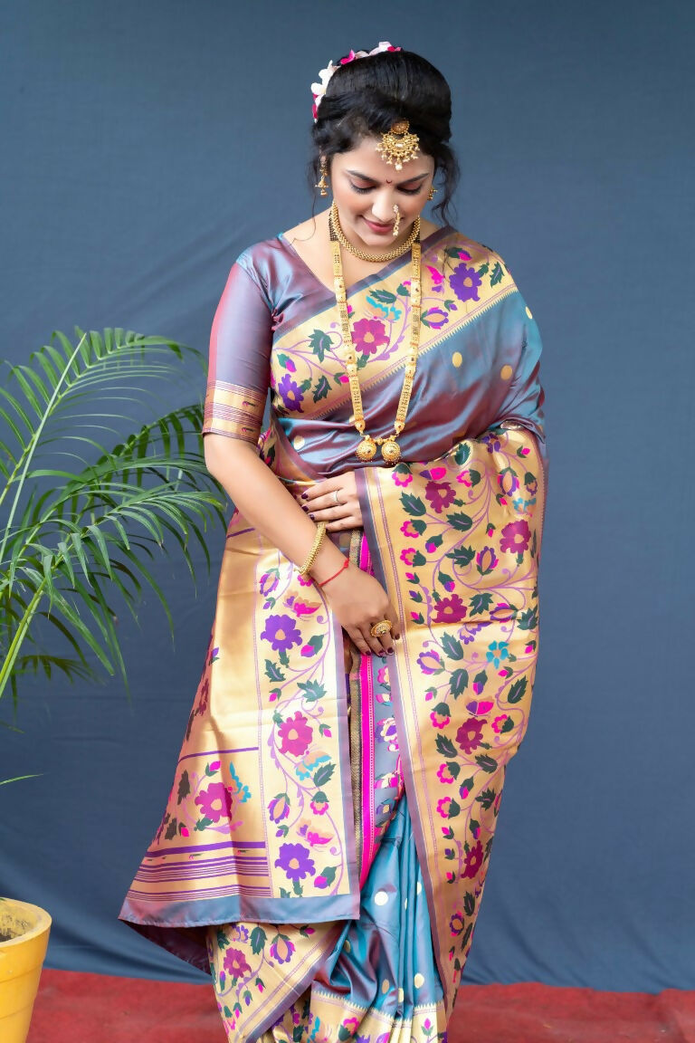 Jyoti Fashion Women's Grey Paithani Silk Zari Woven Saree with Blouse | Grocsy