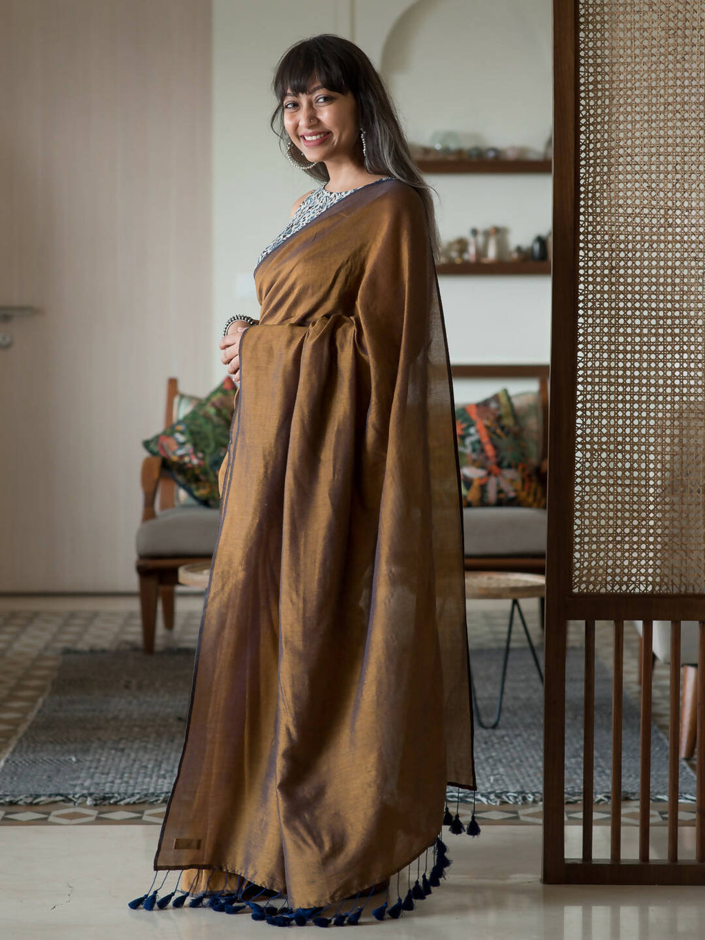 Suta Brown Solid Cotton Blend Saree | Grocsy