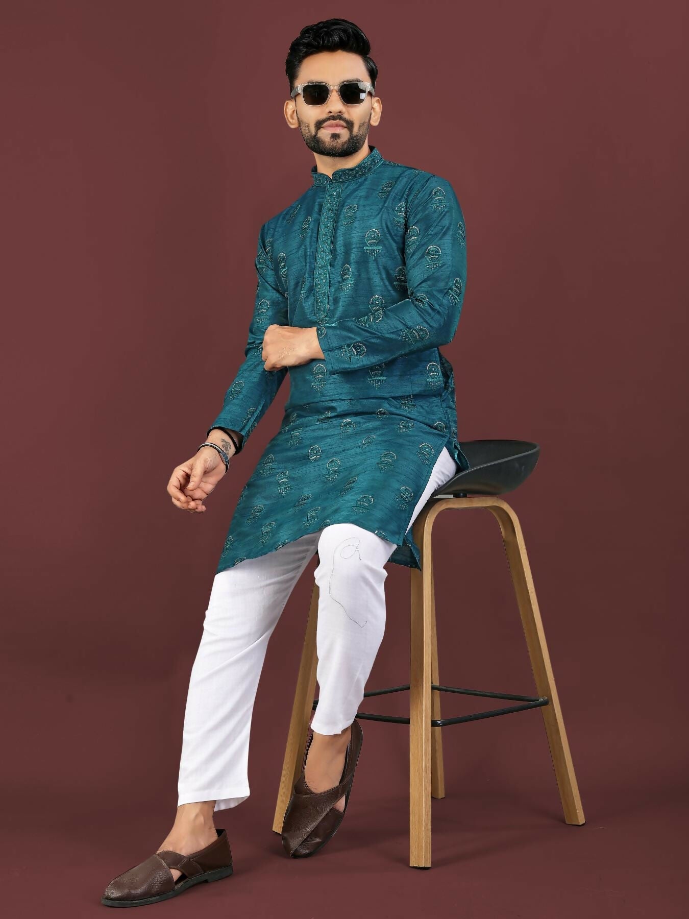 Anaita Teal Embroidered Silk Straight Kurta | Grocsy