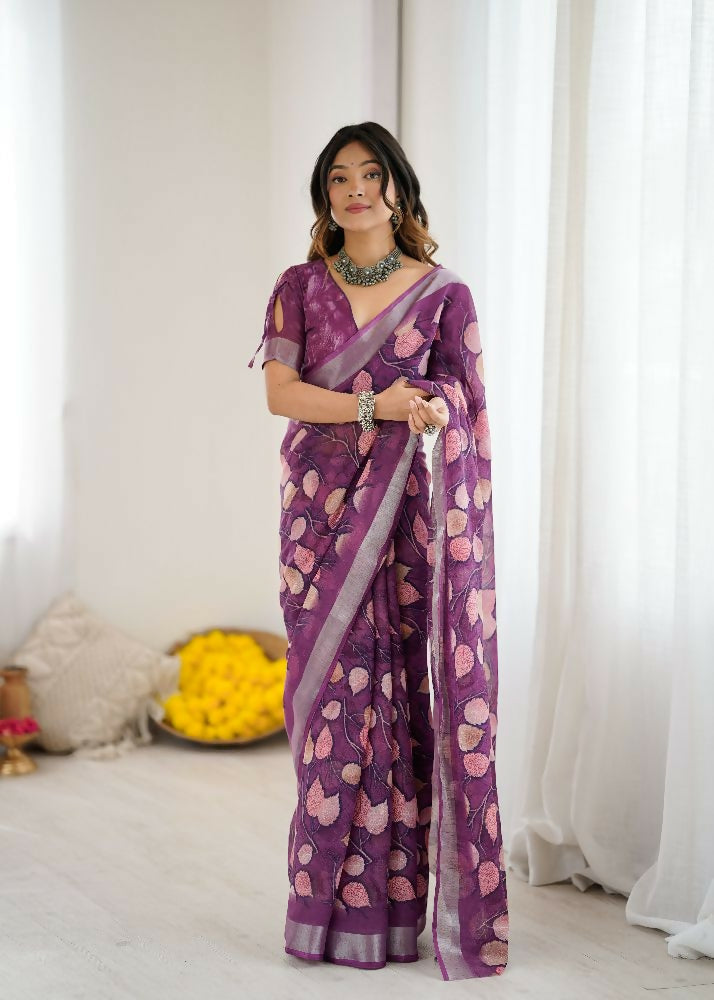 PR Fashion Purple Linen Patta Printed Saree | Grocsy