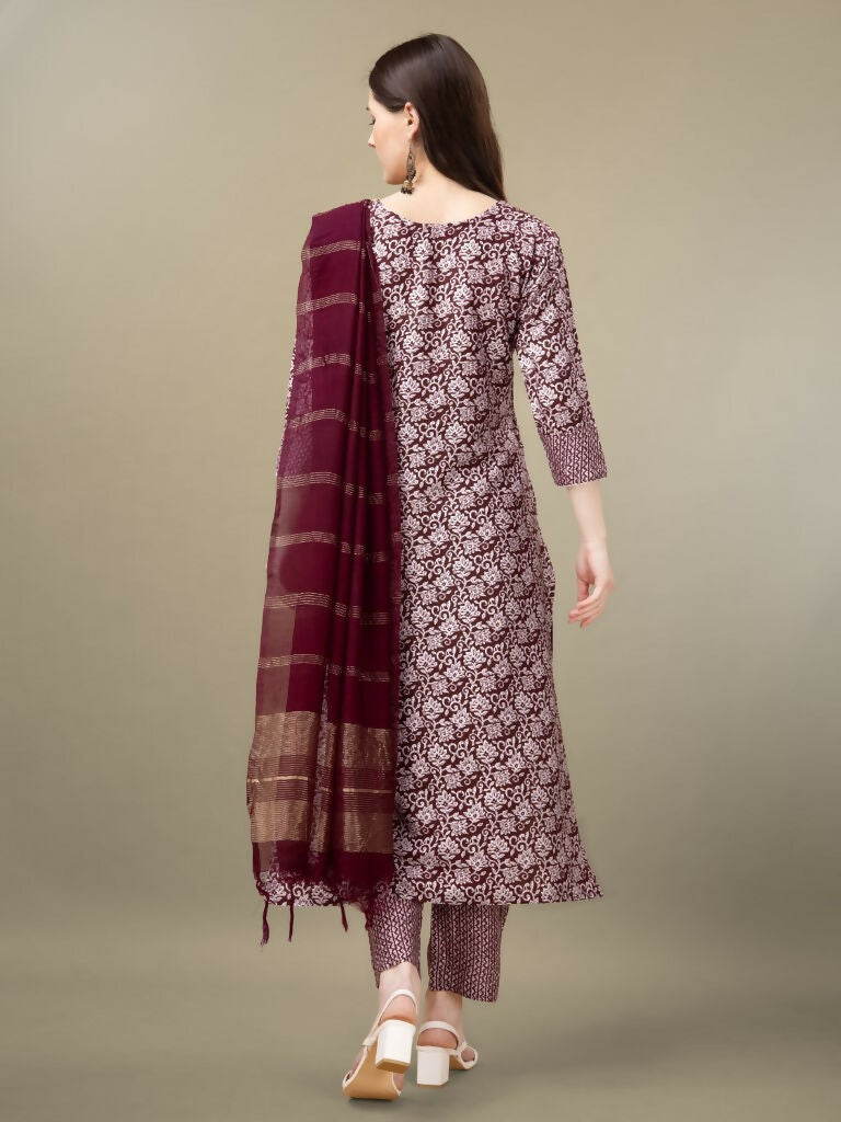 Jyoti Fashion Women's Maroon Rayon Embroidery & Sequence work Kurta with Trouser & Dupatta | Grocsy