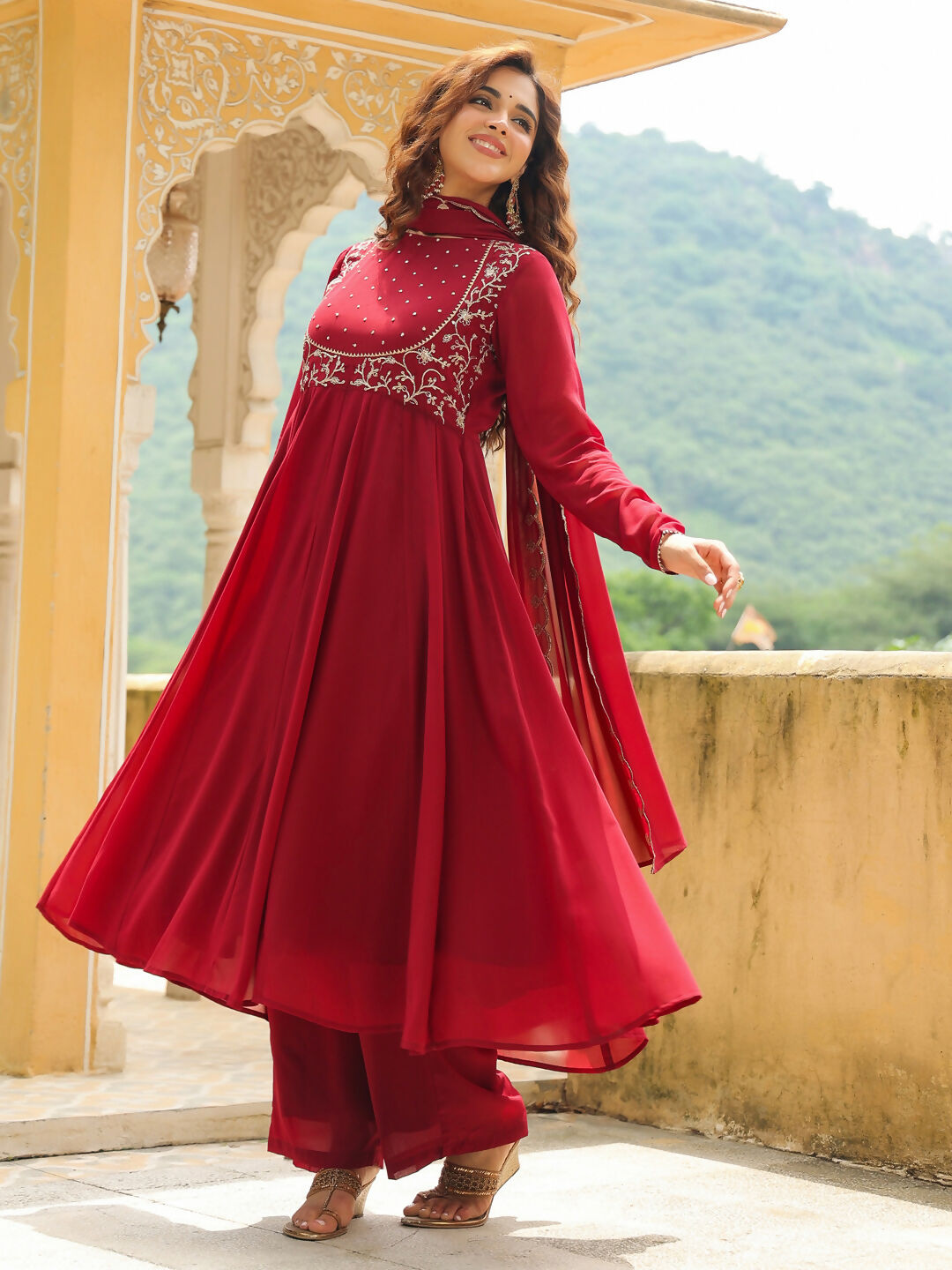 Janasya Maroon Georgette Embroidered Kurta,Bottom & Dupatta | Grocsy