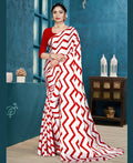 Red Japan Satin Stripe Printed Saree With Unstitched Blouse Piece - Laavanya | Grocsy