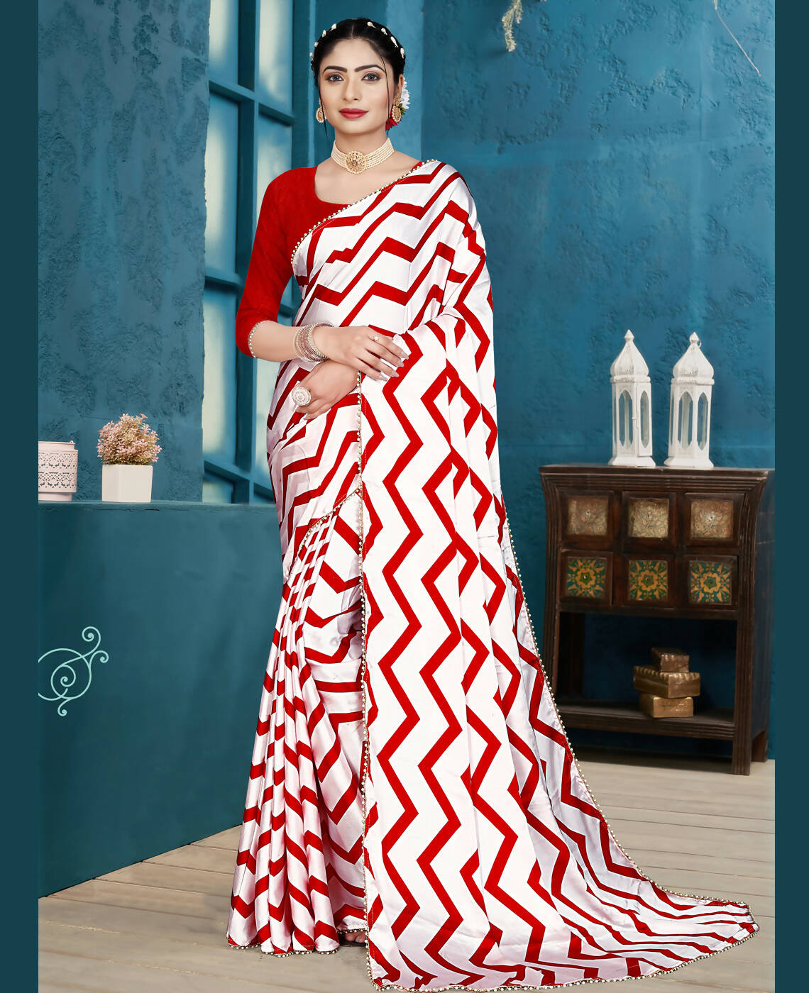 Red Japan Satin Stripe Printed Saree With Unstitched Blouse Piece - Laavanya | Grocsy