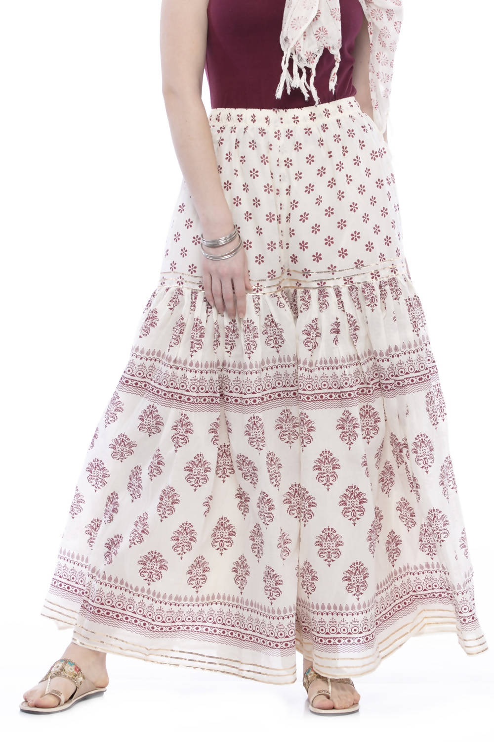 Mominos Fashion Cotton Block Print With Lace Work Off White Magenta Color Prints Palazzo | Grocsy