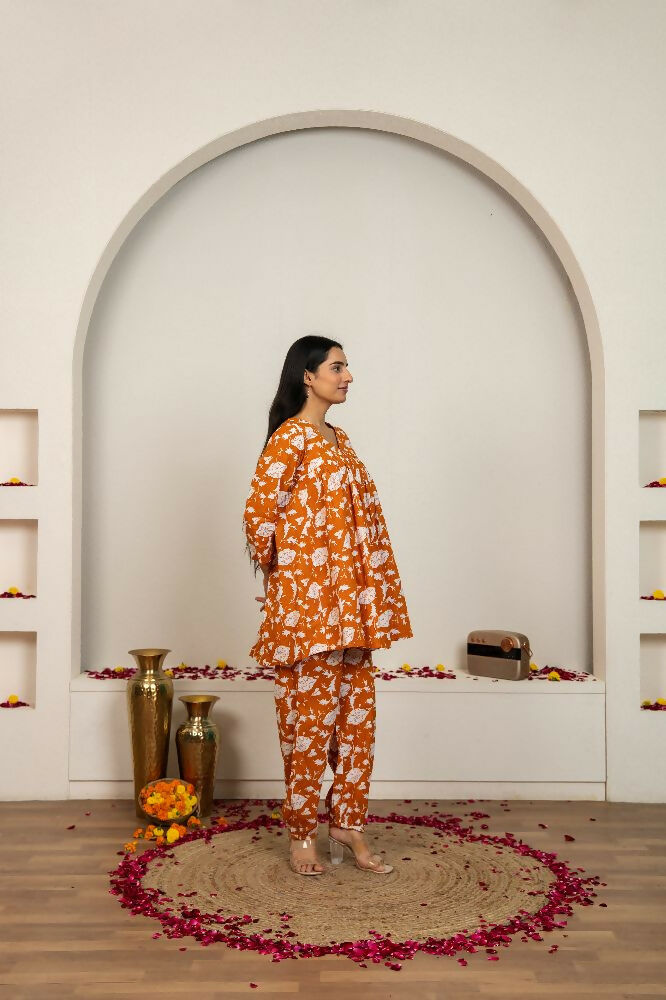 Joban Fashion Peach Hand Block Print Cotton Kurta Set | Grocsy
