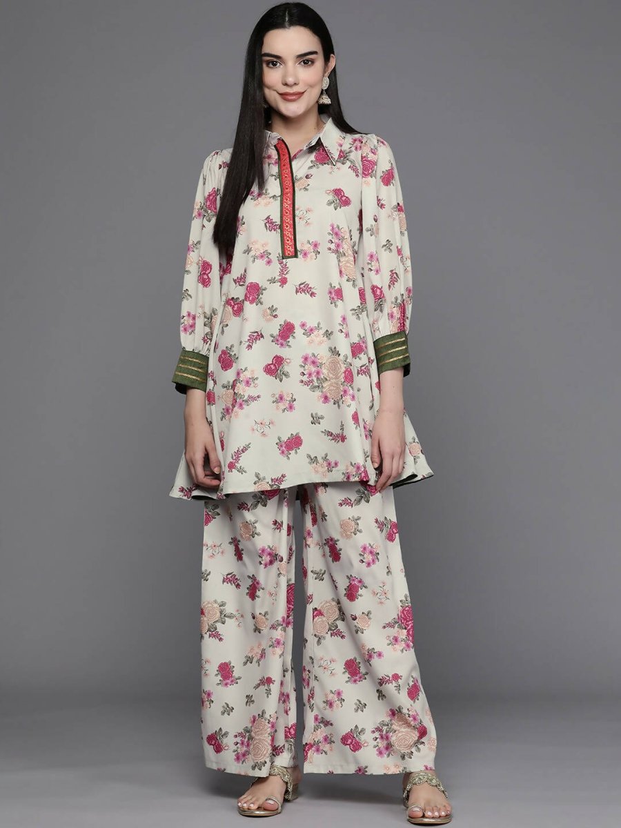 Ahalyaa Women Floral Printed Tunic with Palazzos - Beige Color | Grocsy