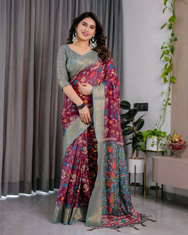 PR Fashion Purple Pure Handloom Linen Saree | Grocsy