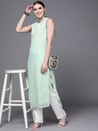 Ahalyaa Women Sea Green Floral Printed Georgette Kurta | Grocsy