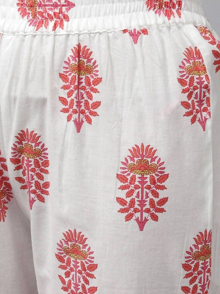 Yufta Women Pink & White Ethnic Motifs Printed Mirror Work Kurta with Palazzo & Dupatta | Grocsy